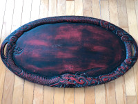 Antique Chinese oval wood serving platter carved dragon design