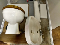 Almond bisque toilet, pedestal sink and taps, sink plunger  set