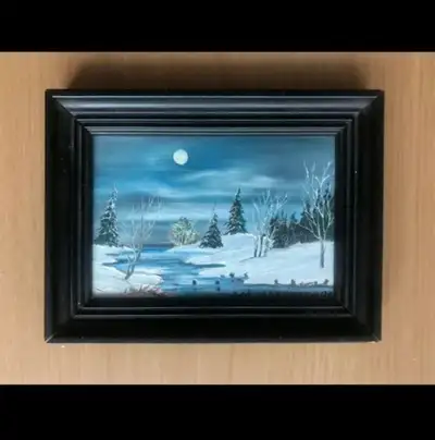 Small Blue White Winter River Nature Landscape Painting Art, View more