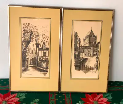 Vintage Set of 2 Charles DeGuise Watercolor Ink Framed Pictures, View more