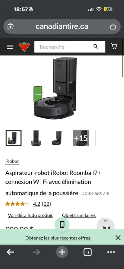 Je vends mon aspirateur robot iRobot Roomba i7+ en état usagé. Cet aspirateur offre une connexion Wi...