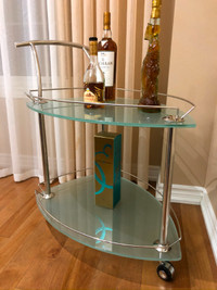 Bar cart with two-tier frosted glass serving shelves