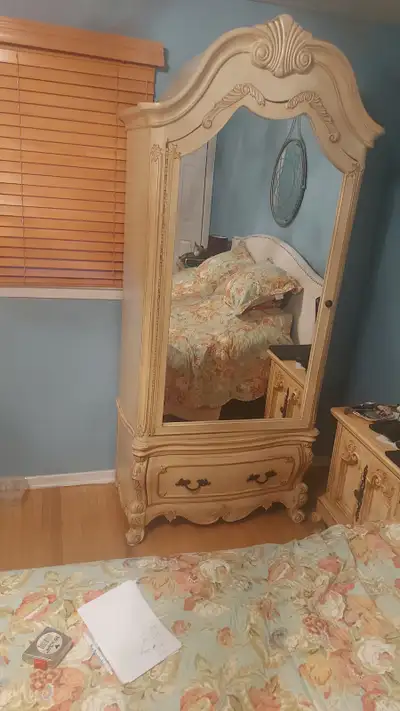 Elegant French cream armoire with mirror and drawer, View more