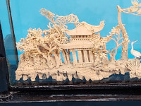 Vintage Carved Cork Asian Diorama in Glass & Wood Case