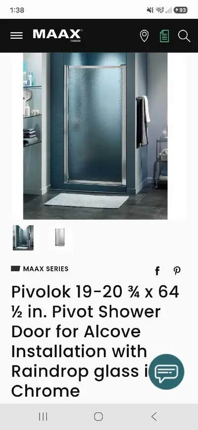 Shower door glass bathroom upgrade.Pivot door for alcove installation. New in box unused. Maax Pivol...