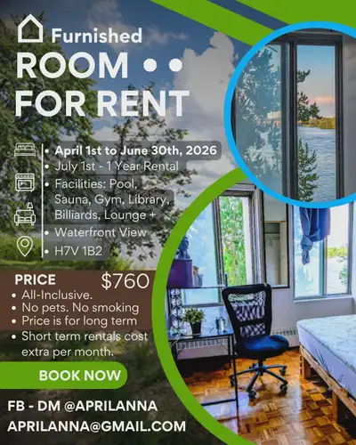 Waterfront Furnished Room – $760 All-Inclusive AVAILABLE NOW!!! Available: April 1st, 2026 – June 30...