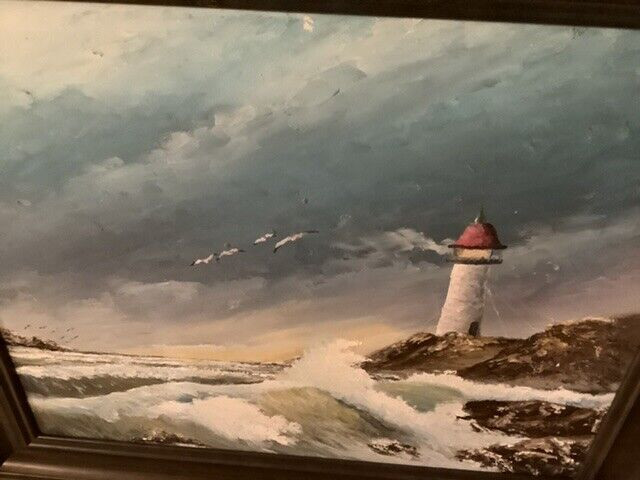 Lovely Vintage Lighthouse Oil on Board Painting in Arts & Collectibles in Belleville - Image 4