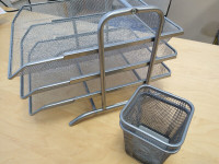 Lightly used Letter tray, silver color with 2 pen holders 4 sale