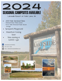 Seasonal Campsites Available at Lakeside Resort, Tobin Lake, SK