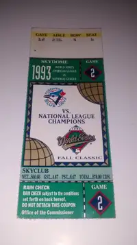 Toronto Blue Jays 1993 World Series Game 2 Ticket Stub