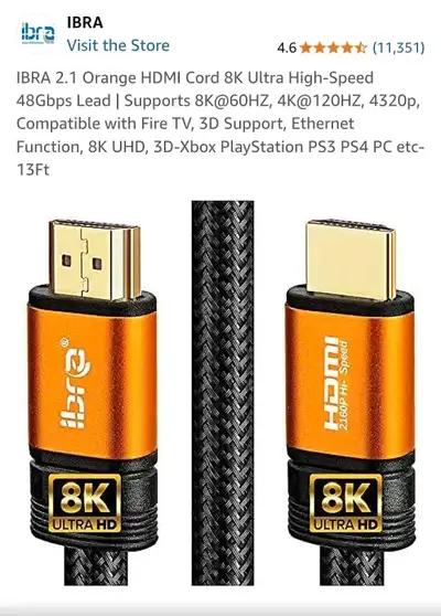 IBRA 2.1 Orange HDMI Cord 8K Ultra High-Speed , View more