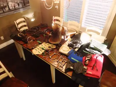 I am selling A Large Load of Horse Back Riding Equipment Tack including a Saddle, Leather Side Reins...