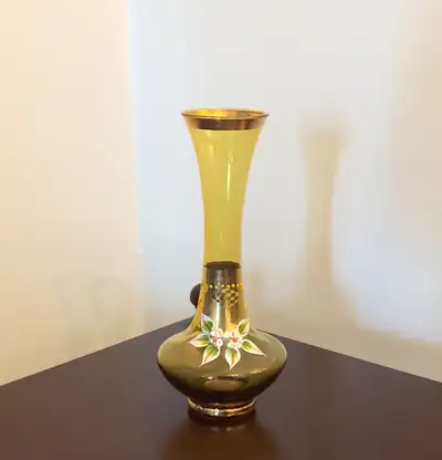 Vintage Amber Glass Vase. Bohemian-Venetian Glass. Hand Painted, View more