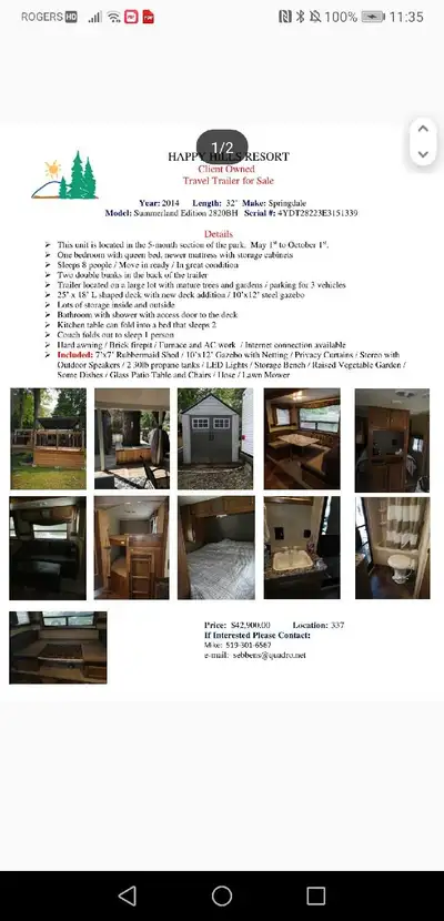 Seasonal site for sale at Happy Hills in Embro. 2014 Springdale Summerland Edition 32' 1 bedroom tra...
