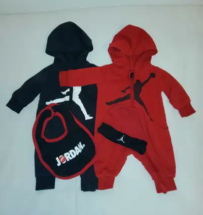Nike Air Jordan Jumpman 1 Piece Hooded Jumpsuit Outfits & Hat, Bib Lot. Size Newborn. (2) Zip front...