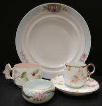 "PRETTY IN PINK & BLUE" 5 ANTIQUE HAND PAINTED CHINA PIECES