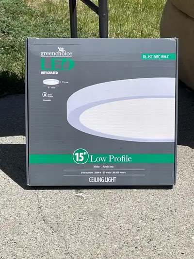 New in box! Greenchoice low profile LED ceiling light. 15” x 1” white 3,000 k (warm light).