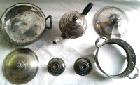 Antique plated lead and silver wares: candleholder pair, teapots