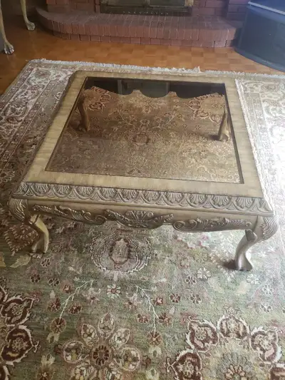 Solid wood and tinted glass top coffee table and 2 side tables, View more