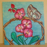Orchid & Butterfly, large mixed media painting on wood
