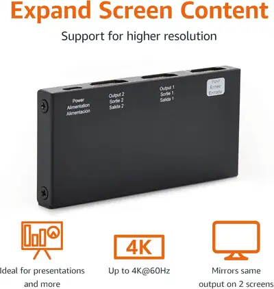 ► HDMI splitter sends 1 source signal to 2 displays simultaneously, like from a computer to 2 TVs or...