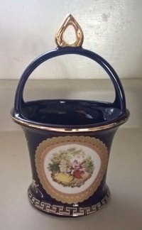 7 1/4 inches Cobalt Blue Hand Painted Porcelain Vase/ Basket