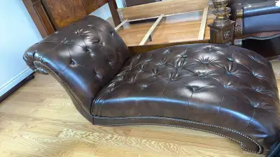 Beautiful transitional-style armchair/chaise lounge with tufted upholstery and decorative nailhead t...