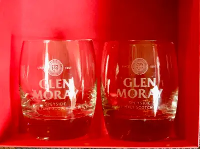 * GLEN MORAY SPEYSIDE 120TH ANNIVERSARY. EDITION SINGLE MALT WHISKEY GLASSES * COLLECTOR'S EDITION *...