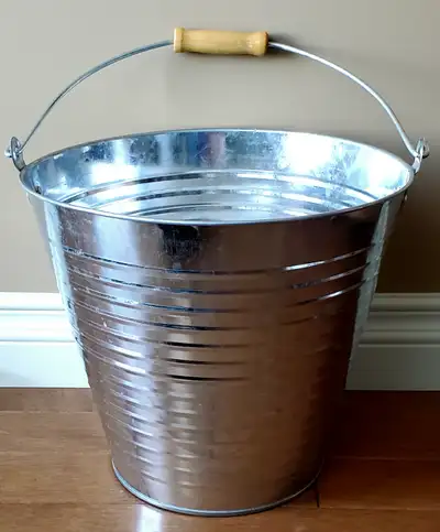 LARGE GALVANIZED PAIL WITH WOODEN HANDLE GRIP, View more