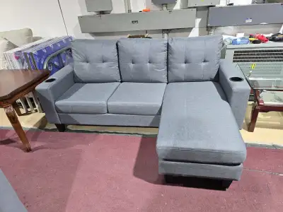 Grey Fabric Sectional Sofa – 3 Seater with Built-In Cup Holders, View more
