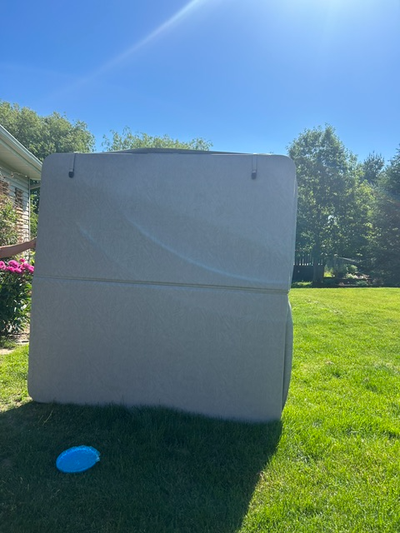Rounded corner, square 84.5" x 84.5" ultimate spa cover. Light grey. 4-in skirt length with straps....