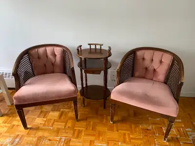 Vintage Cane Barrel Chairs (Pair) + Side Table, View more