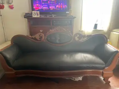 antique teak wood sofa with new leather, View more