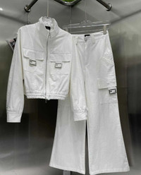 New Fendi White Denim Casual Jacket with Wide Leg Flared Pants