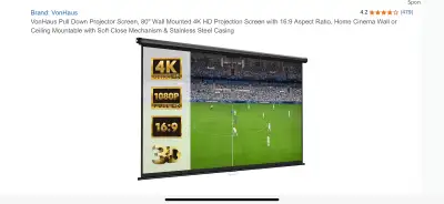 Enhance your home cinema with this new VonHaus 80" projector screen, boasting 4K resolution and a 16...