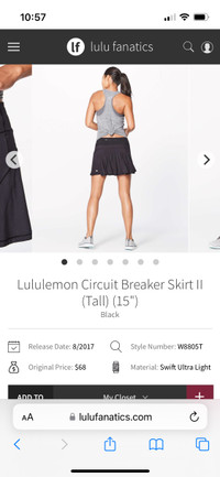 Lululemon Circuit Breaker Skirt II (Tall) 15” size 4 black