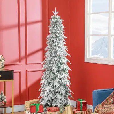 6ft Pencil Flocked Artificial Christmas Tree with 600 Branch Tips, Auto Open and Steel Base, Green F...