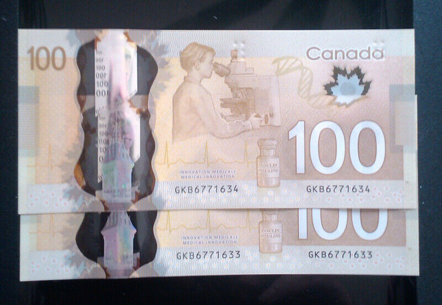 2 UNCIRCULATED SEQUENTIAL 2011 CANADIAN $100 DOLLAR BANKNOTES in Arts & Collectibles in City of Toronto - Image 2