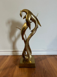 Vintage Large Solid Brass Bird Sculpture, Love Birds, Dolbi Cash