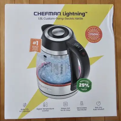 Kettle electric. Chefman lighting 1.8 liter custom temperature electric kettle. Boils 25% faster, bo...