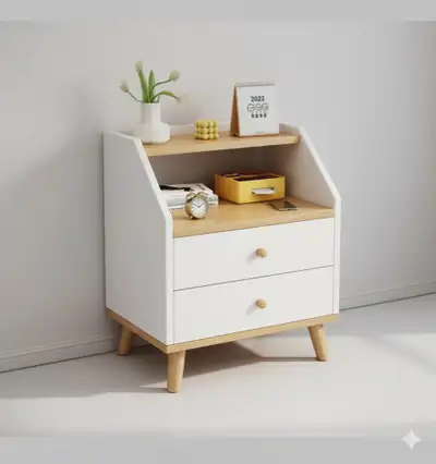 Modern White & Wood Nightstand with 2 Drawers and Open Shelf (40, View more