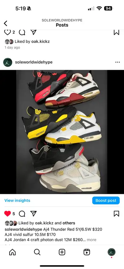 Aj4 Thunder Red 5Y/6.5W $320 AJ4 vivid sulfur 10.5M $170 AJ4 Jordan 4 craft photon dust 12M $260 AJ4...
