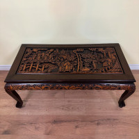 Vintage Chinese Carved Top Coffee Table with Glass Top
