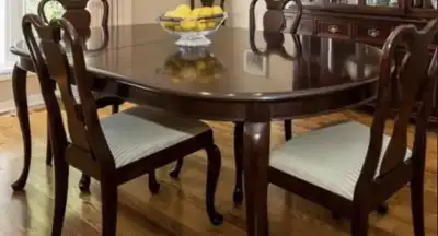 Oval wood dinner table with extender, View more
