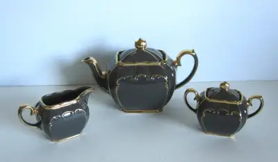 Rare Antique 1922 24kt Gold Grey Sadler Cube Teapot Cream Sugar, View more