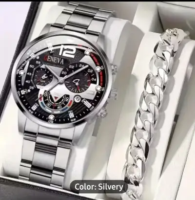 2 pc. Silvery and black men's  quartz watch (Geneva) and bracele, View more
