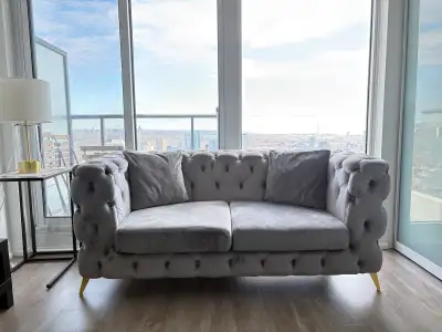 grey velvet tufted couch with gold legs , View more