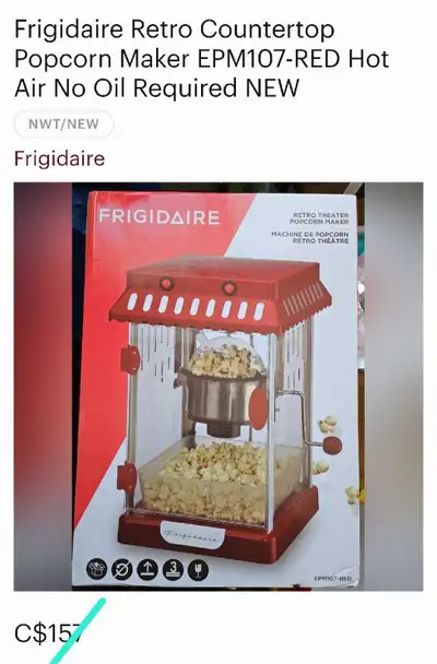 Frigidaire Retro Countertop Popcorn Maker NO OIL REQUIRED, View more
