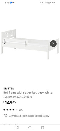 Ikea Kritter Bed/Kid Bed,27 1/2"x63" with mattress