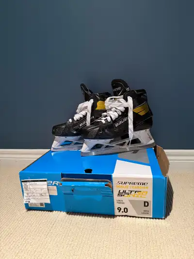 • Bauer Ultrasonic goalie skates • Size 9 D (Senior) • Used for one season only • Very good conditio...